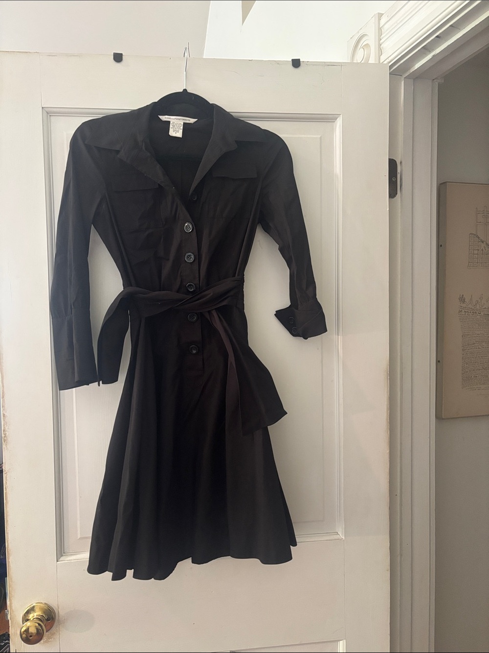 Diane Von Furstenberg Black Button-Front Long Sleeve knee length Shirt Dress